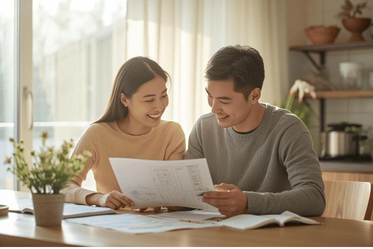 夫婦二人で資産形成の状況を笑顔で確認する風景